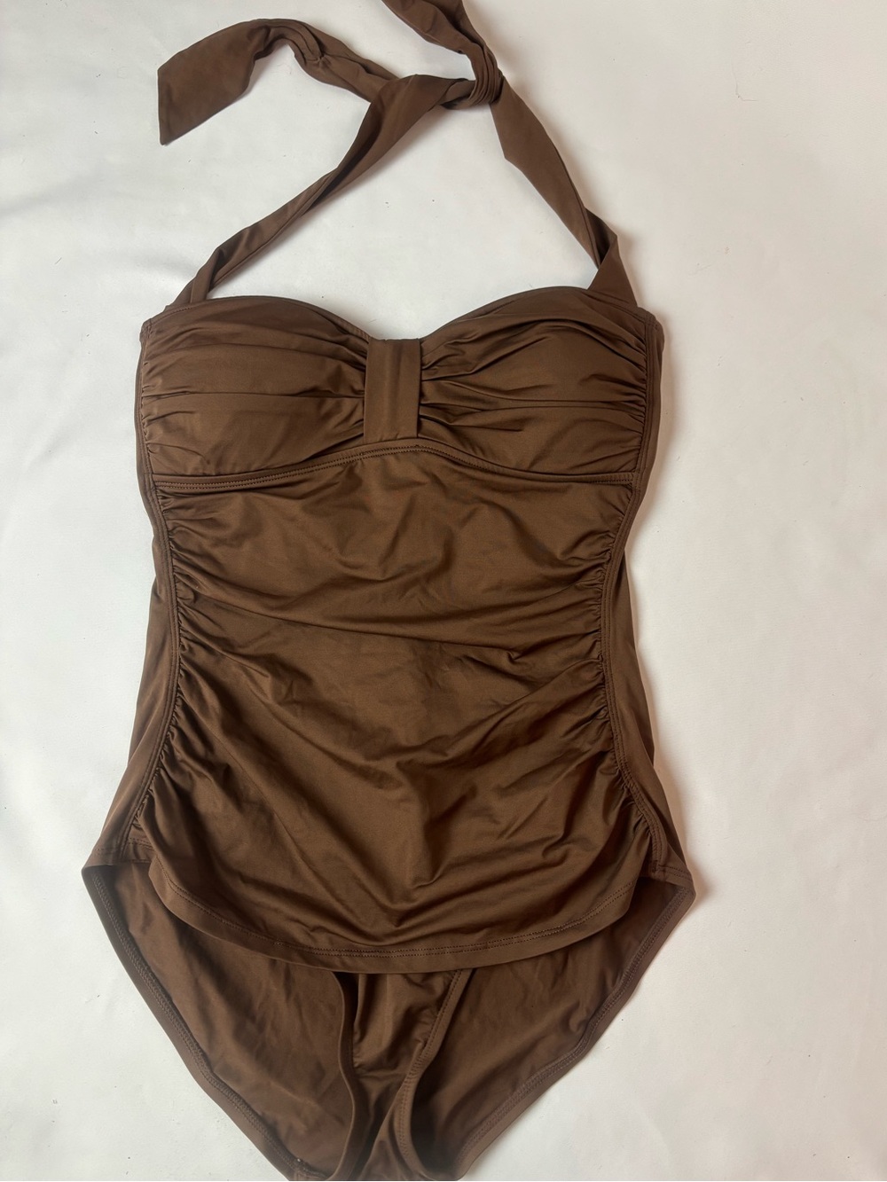 Tommy Bahama Pearl Shirred Halter One Piece Swimsuit Chocolate Brown Sz 8